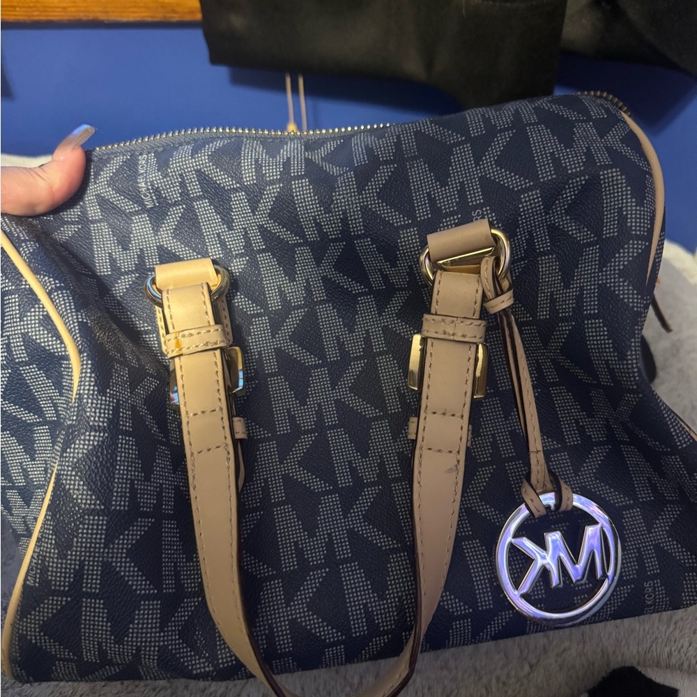 Michael Kors Blue and Tan Satchel with Gold Hardware